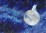  animal animal_focus colorful commentary_request full_moon galaxy glowing looking_afar milky_way moon no_humans original painting_(medium) rabbit sinsousui sitting star_(sky) traditional_media watercolor_(medium) 