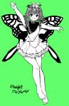  1girl antennae arm_up artist_name bad_anatomy bad_arm bad_perspective barefoot blush butterfly_wings dress eternity_larva eyebrows_visible_through_hair fairy full_body gotou_eight green_background hair_between_eyes highres leaf leaf_on_head monochrome multicolored_clothes multicolored_dress one-hour_drawing_challenge open_mouth short_hair short_sleeves simple_background single_strap smile solo touhou twitter_username wings 