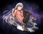  1girl bangs black_legwear blunt_bangs blush boots commentary_request future_girlfriend grey_hair long_hair looking_at_viewer pantyhose qbase red_eyes revision ribbed_sweater shorts sleeves_past_wrists solo sweater turtleneck very_long_hair yulin_(future_girlfriend) 