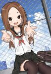  1girl :d ai_cao bangs black_sailor_collar black_skirt blue_sky blush brown_eyes brown_hair brown_legwear building chain-link_fence clouds cloudy_sky commentary_request day feet_out_of_frame fence forehead highres karakai_jouzu_no_takagi-san long_sleeves looking_at_viewer neckerchief outdoors outstretched_arms parted_bangs pleated_skirt red_neckerchief sailor_collar school_briefcase school_uniform serafuku shirt sitting skirt sky skyscraper smile solo takagi-san teeth thigh-highs upper_teeth white_shirt 