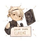  1boy black_gloves blue_eyes book closed_mouth elbow_gloves english_text floating floating_book floating_object gloves grey_background grey_hair grimoire_weiss hair_between_eyes highres jy00ae male_focus nier_(series) nier_(young) sign simple_background smile solo tied_hair twitter_username 