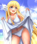  1girl absurdres beach blonde_hair blue_eyes blue_sky breasts clothes_lift clouds collarbone commentary_request commission cowboy_shot day dress dress_lift head_fins highres large_breasts long_hair looking_at_viewer maria_(mermaid_melody_pichi_pichi_pitch) mermaid_melody_pichi_pichi_pitch open_mouth outdoors panties sky smile solo underwear white_dress white_panties zanntetu 