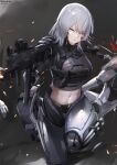 1girl abs ak-15 ak-15_(girls&#039;_frontline) angry armor artist_name assault_rifle bangs breasts commentary cowboy_shot eyebrows_visible_through_hair firing girls_frontline glowing glowing_eye grey_background gun hair_between_eyes handgun highres holding holding_gun holding_weapon holstered_weapon kalashnikov_rifle large_breasts long_hair midriff mod3_(girls&#039;_frontline) navel nekoya_(liu) parted_lips pistol pouch rifle sidelocks silver_hair snap-fit_buckle solo_focus standing standing_on_one_leg tactical_clothes violet_eyes weapon 