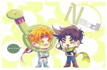  2boys battle_tendency blonde_hair blue_jacket boots brown_hair caesar_anthonio_zeppeli chibi crossed_arms dinosaur_hat facial_mark feather_hair_ornament feathers fingerless_gloves gloves green_eyes green_scarf hair_ornament headband jacket jojo_no_kimyou_na_bouken joseph_joestar joseph_joestar_(young) knee_pads male_focus multicolored_clothes multicolored_scarf multiple_boys pickieeeee pink_scarf scarf striped striped_scarf thumbs_up triangle_print vertical-striped_scarf vertical_stripes yellow_scarf 