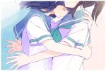  2girls bangs blue_eyes blue_hair blue_neckerchief blue_sailor_collar brown_hair closed_eyes closed_mouth expressionless hibike!_euphonium hug kasaki_nozomi kitauji_high_school_uniform liz_to_aoi_tori long_hair looking_down multiple_girls neckerchief parted_lips ponytail sailor_collar sawara65 school_uniform serafuku shirt short_sleeves white_shirt yoroizuka_mizore 