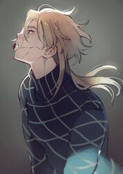  1boy argyle argyle_sweater blonde_hair cracked_skin diego_brando eye_in_mouth eyeball hair_down jojo_no_kimyou_na_bouken long_hair male_focus mouth_hold solo son_(skvnmn0) steel_ball_run sweater turtleneck 