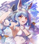  1girl absurdres animal_ears armpits bangs bare_shoulders black_gloves black_leotard blue_hair braid breasts carrot_hair_ornament detached_sleeves food-themed_hair_ornament fur-trimmed_gloves fur_scarf fur_trim gloves hair_ornament hand_up happy_birthday highres hololive leotard leotard_under_clothes long_hair looking_at_viewer multicolored_hair puffy_short_sleeves puffy_sleeves rabbit_ears rabbit_girl red_eyes scarf short_sleeves skindentation small_breasts solo strapless strapless_leotard swept_bangs thick_eyebrows twin_braids twintails two-tone_hair usada_pekora virtual_youtuber white_hair white_scarf white_sleeves yujin_(kanouyuuto-0423) 