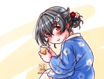  1girl alcohol artist_logo black_hair blue_kimono commentary_request dated drink floral_print hair_bun hair_flaps hair_ornament hairclip japanese_clothes jingei_(kancolle) kantai_collection kimono kutone_shirika leaning_forward long_hair official_alternate_costume red_eyes solo 