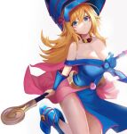  1girl bangs bare_shoulders blonde_hair blue_eyes blue_footwear blush boots breasts dark_magician_girl duel_monster gokusaishiki999 hair_between_eyes hat highres holding holding_wand long_hair looking_at_viewer off_shoulder smile solo thighs wand wizard_hat yu-gi-oh! yu-gi-oh!_duel_monsters yuu-gi-ou yuu-gi-ou_duel_monsters 