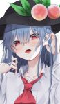  1girl absurdres ascot black_headwear blue_hair blush collarbone collared_shirt food fruit hair_between_eyes hat highres hinanawi_tenshi long_hair long_sleeves open_mouth peach red_ascot red_eyes shirt simple_background solo touhou tsune_(tune) upper_body white_background white_shirt 