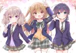  3girls blue_eyes bow eyebrows_visible_through_hair grey_hair highres kusunoki5050 light_brown_hair long_hair looking_at_viewer minagi_hiyori minagi_koharu multiple_girls open_mouth school_uniform short_hair slow_loop smile v violet_eyes yoshinaga_koi 