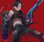  1girl alternate_costume apex_legends assault_rifle bangs belt black_belt black_hair black_jacket black_pants black_shirt blue_eyes breasts crop_top floating_hair from_below gun hair_behind_ear hair_bun hair_over_one_eye holding holding_gun holding_weapon jacket looking_at_viewer looking_down medium_breasts off_shoulder one_eye_covered pants parted_bangs parted_lips r-301_carbine renee_shika_egakan rifle shirt sleeveless sleeveless_shirt smile solo torn_clothes torn_pants weapon wraith_(apex_legends) 