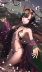  1girl :d black_choker black_hair breasts choker chorogon collarbone day fang fate/grand_order fate_(series) hair_ornament highres horns looking_at_viewer navel outdoors outstretched_arms purple_hair short_hair shuten_douji_(fate) sideboob small_breasts smile solo standing straight_hair violet_eyes wading 