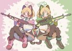  2girls :d animal_ear_headphones animal_ears black_footwear black_legwear black_shorts black_skirt blonde_hair blue_archive blue_necktie boots bow closed_mouth collared_shirt commentary fake_animal_ears green_bow green_eyes gun hair_bow halo headphones highres holding holding_gun holding_weapon jacket knees_together_feet_apart koru_koruno long_sleeves looking_at_viewer midori_(blue_archive) momoi_(blue_archive) multiple_girls necktie open_clothes open_jacket pink_footwear pleated_skirt red_bow red_eyes shirt short_shorts shorts siblings sisters skirt sleeves_past_wrists smile sniper_scope tail thigh-highs thighhighs_under_boots twins weapon weapon_request white_jacket white_shirt wide_sleeves 