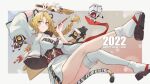  1girl 2020 absurdres afa animal_ears arrow_(projectile) asymmetrical_legwear bangs blonde_hair blush braid braided_ponytail breasts chinese_zodiac closed_mouth commission dinergate_(girls&#039;_frontline) eyebrows_visible_through_hair full_body girls_frontline happy_new_year highres holding holding_arrow japanese_clothes legs long_hair looking_at_viewer medium_breasts new_year s-acr_(girls&#039;_frontline) sandals simple_background smile socks solo tail thigh-highs tiger_ears tiger_tail violet_eyes white_legwear year_of_the_tiger 