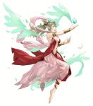  1girl alternate_costume bangs barefoot bracelet breasts closed_mouth clothing_cutout commentary dragonstone dress english_commentary fire_emblem fire_emblem_awakening fire_emblem_heroes floating floating_object full_body green_eyes green_hair highres jewelry long_hair magic medium_breasts navel navel_cutout open_mouth pointy_ears ponytail red_dress sakuremi see-through signature simple_background smile solo tiara tiki_(fire_emblem) white_background wings 