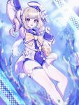  1girl absurdres barbara_(genshin_impact) barbara_(summertime_sparkle)_(genshin_impact) bare_legs blonde_hair blurry bokeh bow chromatic_aberration clenched_hand commentary_request depth_of_field drill_hair eyebrows_visible_through_hair feet_out_of_frame flower genshin_impact hair_between_eyes hair_flower hair_ornament hat highres knee_up long_sleeves official_alternate_costume open_mouth park_ogre sailor_hat short_twintails solo sparkle splashing teeth thigh_gap tilted_headwear twin_drills twintails upper_teeth violet_eyes watercraft white_flower wide_sleeves yellow_bow 