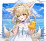  1girl :d animal_ear_fluff animal_ears arknights bangs bare_shoulders blonde_hair blush commentary_request criss-cross_halter day dress eyebrows_visible_through_hair fang food fox_ears fox_girl fox_tail green_eyes hair_between_eyes halterneck head_tilt highres holding holding_food ice_cream ice_cream_cone kitsune multicolored_hair off-shoulder_dress off_shoulder smile solo spacelongcat suzuran_(arknights) tail two-tone_hair white_dress white_hair 