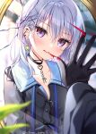 1girl black_jacket blood blue_eyes blurry_background blush broken_glass crack depth_of_field earrings gloves long_hair looking_at_viewer mirror necklace silver_hair solo
