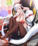  absurdres azu-taro bra breasts evertale headphones highres large_breasts puffy_sleeves revealing_clothes short_shorts shorts thigh-highs thighs tongue tongue_out underwear white_hair 