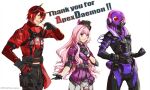  1girl 2boys anemia_kwus apex_daemon apex_legends black_gloves black_headwear black_pants bootlegger_loba character_name commission cosplay dora_dhiah english_commentary flat_chest gametopus gloves hair_behind_ear hand_in_pocket hand_on_own_chest horns indie_virtual_youtuber jacket loba_(apex_legends) loba_(apex_legends)_(cosplay) long_hair multiple_boys octane_(apex_legends) octane_(apex_legends)_(cosplay) open_hand pants pink_hair pink_jacket rampart_(apex_legends) rampart_(apex_legends)_(cosplay) red_eyes red_jacket skeb_commission smile virtual_youtuber white_background wild_speed_octane yellow_eyes 