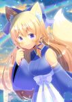  1girl animal_ear_fluff animal_ears bare_shoulders bell blonde_hair blue_bow blue_eyes blue_kimono blue_ribbon blue_sleeves blurry blurry_background blush bow breasts closed_mouth commentary_request commission copyright_request depth_of_field detached_sleeves fox_ears fox_girl fox_tail hair_bell hair_bow hair_ornament hair_ribbon hand_up japanese_clothes jingle_bell kimono kou_hiyoyo lens_flare long_hair long_sleeves looking_at_viewer medium_breasts purple_bow ribbon sidelocks skeb_commission sleeveless sleeveless_kimono smile solo tail very_long_hair wide_sleeves 