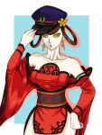  1girl absurdres dress earrings ememtrp hat highres impossible_hair jewelry long_sleeves nuwa_(smtv) pale_skin police_hat red_dress red_lips red_nails shin_megami_tensei shin_megami_tensei_v simple_background yellow_eyes 