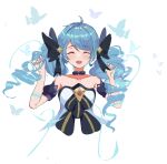  1girl :d absurdres ahoge bangs black_bow black_choker black_sleeves blue_hair blush bow breasts bug butterfly choker collarbone cropped_torso detached_sleeves dress drill_hair eyebrows_visible_through_hair facing_viewer gloves grey_background gwen_(league_of_legends) hair_bow hands_up highres holding holding_hair league_of_legends long_hair puffy_short_sleeves puffy_sleeves shiny shiny_hair short_sleeves simple_background smile solo sooner teeth twin_drills upper_body upper_teeth white_background 