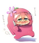  1girl among_us blush chibi crying crying_with_eyes_open flower green_eyes hair_between_eyes hair_ornament hairclip highres holding holding_knife hololive impostor_(among_us) knife open_mouth pink_(among_us) pink_hair sakura_miko shadow tears uryuuminene18 virtual_youtuber white_background 