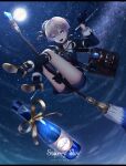  1boy absurdres androgynous beni_sui blue_eyes bottle broom broom_riding gloves grey_hair highres looking_at_viewer looking_down male_focus original pale_skin short_shorts shorts sky socks star_(sky) star_(symbol) starry_sky wine_bottle witch 