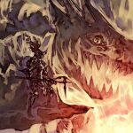  armor creature dragon fangs fire helmet holding holding_weapon horns knight lowres original otonari_koubou standing weapon yellow_eyes yoshinari_you 