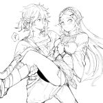  1boy 1girl ? blush braid breasts carrying crown_braid earrings feet_out_of_frame hair_between_eyes hair_ornament hairclip jewelry lineart link long_hair long_sleeves looking_at_another low_ponytail medium_breasts medium_hair own_hands_together parted_bangs pointy_ears princess_carry princess_zelda sidelocks spoken_question_mark sweatdrop ten_1397xx the_legend_of_zelda the_legend_of_zelda:_breath_of_the_wild thick_eyebrows turning_head white_background 