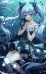  1girl bangs bare_legs black_dress blue_eyes blue_hair blue_nails bubble chromatic_aberration closed_mouth collarbone commentary dress feet_out_of_frame fish frown hair_between_eyes hands_on_own_chest hatsune_miku highres legs_together light_blush looking_at_viewer m1yu solo strap_slip sunlight tears twintails underwater vocaloid 