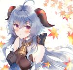  1girl ahoge autumn autumn_leaves bangs bare_shoulders bell black_gloves blue_hair blush bow bowtie breasts detached_sleeves ganyu_(genshin_impact) genshin_impact gloves highres horns interlocked_fingers leaf long_hair looking_at_viewer low_ponytail medium_breasts multicolored_eyes neck_bell own_hands_together sidelocks solo su2525 white_sleeves 