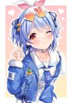  1girl ;) animal_ears blue_hair blue_jacket blue_neckerchief blush breasts bunny-shaped_pupils carrot_hair_ornament choker closed_mouth denim denim_jacket dress food-themed_hair_ornament fur-trimmed_jacket fur_trim hair_ornament hairclip highres hololive jacket looking_at_viewer nako_narita neckerchief one_eye_closed open_clothes open_jacket orange_eyes rabbit_ears rabbit_girl rabbit_tail sailor_collar sailor_dress short_eyebrows small_breasts smile solo symbol-shaped_pupils tail thick_eyebrows twintails usada_pekora v virtual_youtuber white_choker white_dress 
