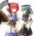  3girls blurry blush closed_eyes cowboy_shot depth_of_field flying_sweatdrops glint gold_trim green_hair grin hair_bobbles hair_ornament heart highres holding holding_scythe looking_at_another multiple_girls niwatari_kutaka onozuka_komachi open_mouth profile redhead rod_of_remorse scythe shiki_eiki simple_background skirt smile spam_(spamham4506) sparkle touhou two_side_up white_background 