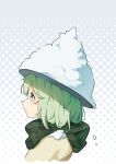  1girl blush cropped_torso expressionless from_side garasuno green_eyes green_hair halftone halftone_background hat highres komeiji_koishi looking_up medium_hair plaid profile scarf simple_background snow solo touhou upper_body 