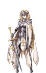  1girl armor armored_boots blonde_hair boots breasts cape closed_mouth fate/empire_of_dirt fate_(series) faulds full_body game_cg gauntlets headpiece highres holding holding_sword holding_weapon ikemeru19 jeanne_d&#039;arc_(fate) jeanne_d&#039;arc_(fate/apocrypha) long_hair looking_at_viewer medium_breasts pink_eyes shoulder_armor solo standing sword transparent_background very_long_hair weapon white_cape 