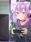  1girl :q absurdres ahoge animal_ear_fluff animal_ears bangs black_hoodie blue_eyes blush cat_ears commentary_request controller daichi_(daichi_catcat) game_controller headset highres holding holding_controller holding_game_controller hololive hood hoodie implied_extra_ears indoors long_hair monitor nekomata_okayu onigiri_print purple_hair short_hair solo tongue tongue_out upper_body v-shaped_eyebrows virtual_youtuber 