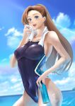  1girl absurdres aqua_eyes bangs blue_sky blurry blurry_background bottle breasts brown_hair clouds commentary_request competition_swimsuit covered_navel cowboy_shot day hair_ribbon highres horizon katarina_claes lavenderpa long_hair medium_breasts ocean one-piece_swimsuit otome_game_no_hametsu_flag_shika_nai_akuyaku_reijou_ni_tensei_shite_shimatta outdoors ribbon sky smile solo swept_bangs swimsuit towel towel_around_neck upper_body water_bottle 