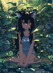  1girl absurdres animal_ears bangs black_hair blush cat_ears cat_girl day flat_chest green_eyes highres kgt_(pixiv12957613) leaf lily_pad long_hair looking_up open_mouth original scenery sitting solo sunlight water 