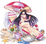  1girl animal anklet ark_order artist_request bag ball bangs bare_legs beach_chair beach_towel beach_umbrella beachball bikini black_hair blue_nails blunt_bangs bow braid breasts brown_headwear conch crab crescent crescent_earrings cup drinking_straw earrings eyewear_removed faux_figurine flower food fruit full_body glass_table hat hat_bow hat_flower holding holding_cup innertube jewelry large_breasts long_hair looking_at_viewer lotion nail_polish navel official_art orange_(fruit) orange_slice pink_bikini sand sandals sandals_removed seal_(animal) seashell shell side-tie_bikini side_braids sitting solo sparkle starfish straw_hat sunglasses sunscreen swimsuit table toenail_polish toenails towel transparent_background tsukuyomi_no_mikoto_(ark_order) twin_braids umbrella very_long_hair watermelon white_bow 
