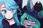  2girls bangs black_gloves black_robe blue_hair closed_mouth collarbone colored_skin drill_hair eyebrows_visible_through_hair fang gloves green_eyes green_hair grey_background grey_skin gwen_(league_of_legends) highres hiyari_(hiyarilol) hood hood_up hooded_robe league_of_legends long_hair looking_at_another multiple_girls needle open_mouth outline pink_eyes portrait sewing sewing_needle short_hair simple_background star-shaped_pupils star_(symbol) swept_bangs symbol-shaped_pupils teeth twin_drills vex_(league_of_legends) white_outline yordle 