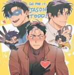  &gt;_o 2boys batman_(series) black_bodysuit black_gloves black_hair black_shirt blue_bodysuit blue_eyes blush bodysuit brothers brown_jacket chengzhineixihuanxiaogou chibi closed_mouth cover cover_page cuffs dc_comics dick_grayson domino_mask ganbare!_nakamura-kun!! gloves hand_on_own_chest handcuffs heart holding holding_handcuffs jacket jason_todd male_focus mask multicolored_hair multiple_boys necktie nightwing one_eye_closed open_clothes open_jacket open_mouth red_hood_(dc) shirt short_hair siblings smile superhero two-tone_bodysuit two-tone_hair white_hair white_shirt 