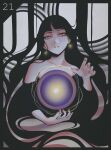  1girl abstract bare_shoulders black_border black_hair border bright_pupils dhjs_0010 earrings hands_up highres jewelry long_hair looking_at_viewer magic muted_color orb original red_eyes shadow solo white_pupils 