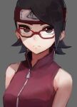  1girl bare_shoulders black_eyes black_hair boruto:_naruto_next_generations closed_mouth frown glasses grey_background hatano_kiyoshi headband highres looking_at_viewer naruto_(series) red-framed_eyewear red_headband short_hair simple_background solo uchiha_sarada upper_body zipper zipper_pull_tab 