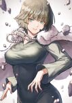  1girl bangs bob_cut breasts commentary_request dress fagi_(kakikaki) fubuki_(one-punch_man) green_eyes impossible_clothes jewelry long_sleeves looking_at_viewer necklace one-punch_man pearl_necklace rock solo upper_body wide_sleeves 