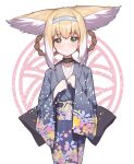  1girl absurdres animal_ear_fluff animal_ears arknights bangs beudelb black_kimono blonde_hair blue_hairband blush braid closed_mouth commentary eyebrows_visible_through_hair floral_print fox_ears green_eyes hair_rings hairband hands_up highres japanese_clothes kimono long_sleeves looking_at_viewer obi print_kimono sash sleeves_past_wrists solo suzuran_(arknights) twin_braids white_background wide_sleeves 