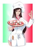  1girl apron bangs breasts brown_eyes brown_hair chef_hat dwps english_commentary final_fantasy final_fantasy_vii food hat highres holding holding_tray italian_flag italian_senate_hack large_breasts long_hair ok_sign pizza smile solo spoon tifa_lockhart tray v-shaped_eyebrows white_headwear 