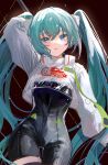  1girl absurdres aqua_hair arm_up bangs black_bodysuit blue_eyes blush bodysuit breasts brown_background chromatic_aberration commentary cowboy_shot crop_top hair_between_eyes hair_ornament hatsune_miku highres kikinoki long_hair long_sleeves looking_at_viewer parted_lips racing_miku racing_miku_(2022) small_breasts solo twintails very_long_hair vocaloid 